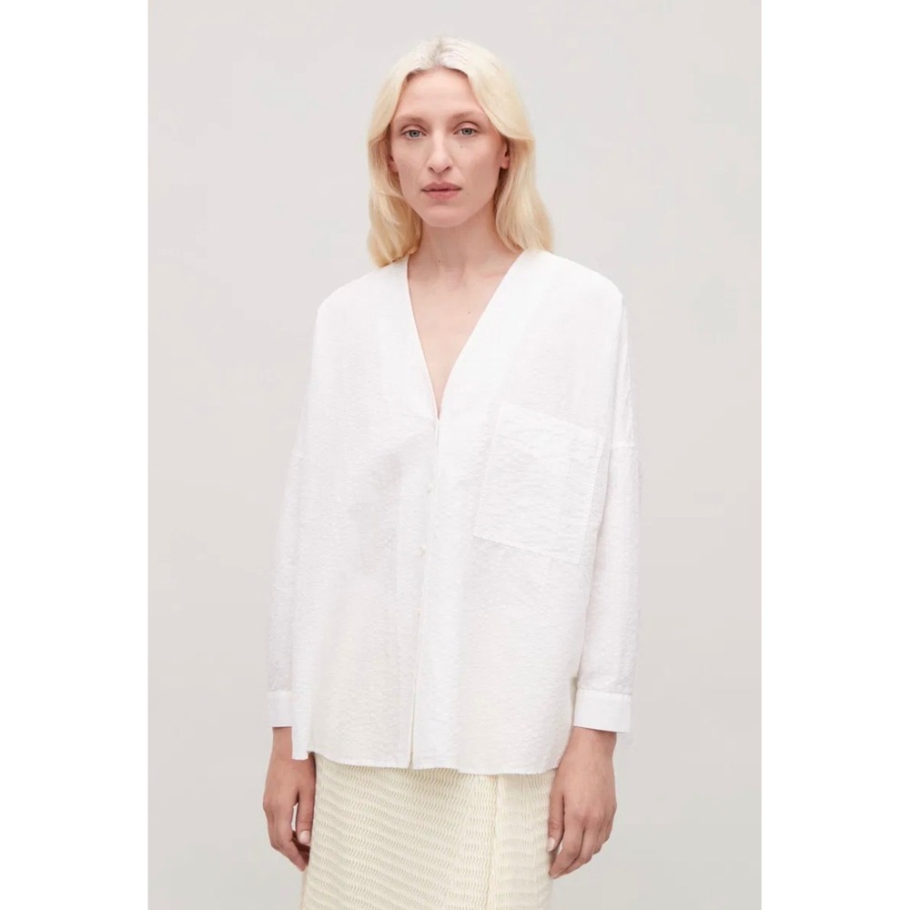 COS White Cotton Linen Blend Oversized V-Neck Seersucker Blouse Too Shirt Small